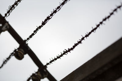 Low angle view of barbed wire against clear sky