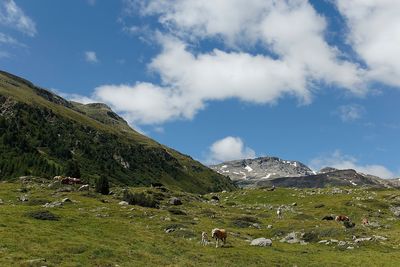 Scenic view of mountains against cloudy sky