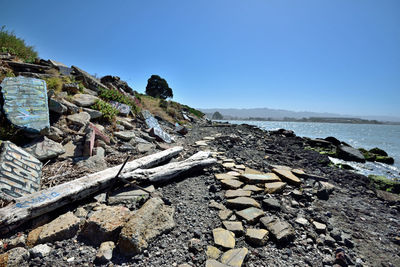 Scenic view of sea by mountain against clear sky