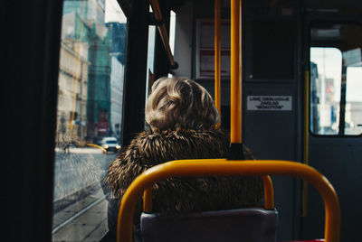 Rear view of man sitting in train