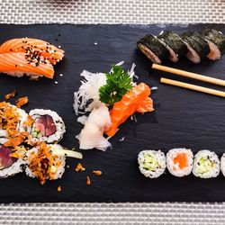 High angle view of sushi in plate on table