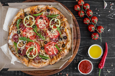 High angle view of pizza on table