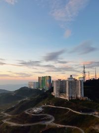 High angle view of buildings against sky during sunset