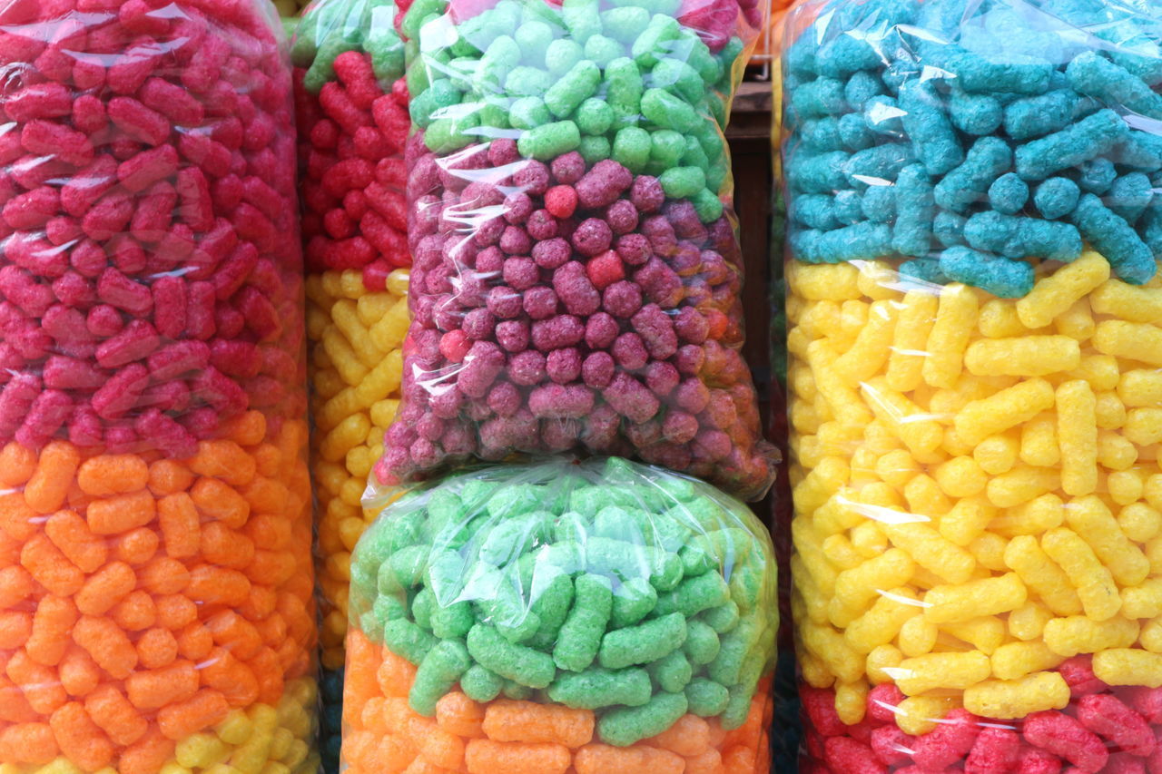 CLOSE-UP OF MULTI COLORED CANDIES IN MARKET