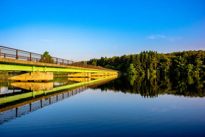 Scenic view of lake against clear blue sky