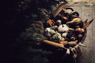 High angle view of mushrooms in basket