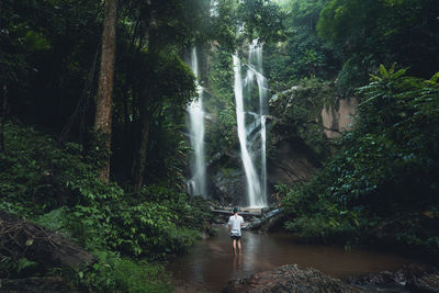 Rear view of man standing against waterfall