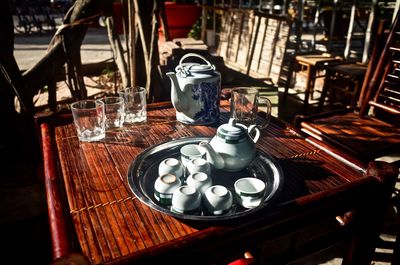 High angle view of beer glass on table at restaurant