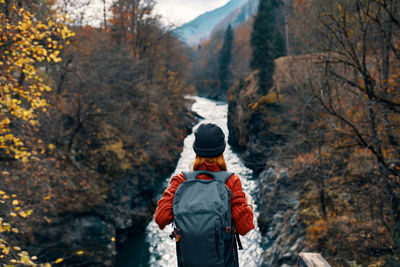 Rear view of man looking at mountain during winter