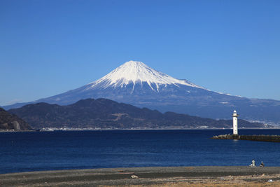 Scenic view of sea and snowcapped mountain against blue sky