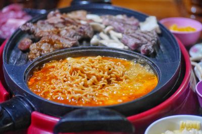 Close-up of meal served on table