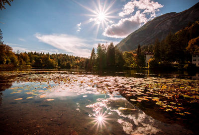 Sun shining over lake and mountains