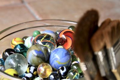 High angle view of multi colored balls on table