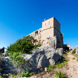 Low angle view of built structure against clear blue sky