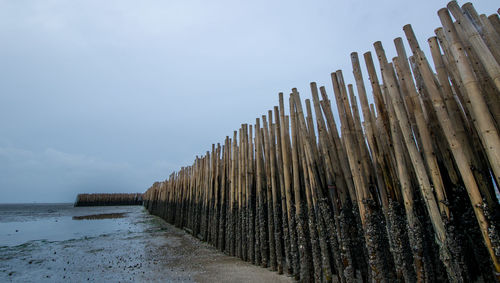 Wooden posts in water against sky