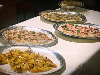High angle view of food in plate on table