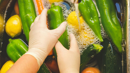Close-up of woman holding fruits and vegetables