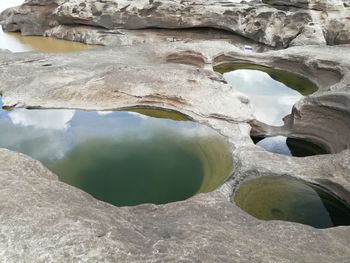 Low angle view of rock formation in lake