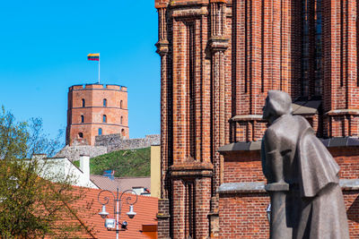 Rear view of man and building against blue sky