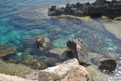 High angle view of rocks in sea