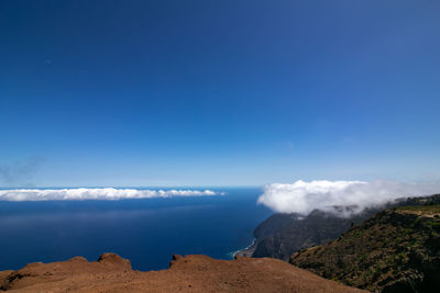 Panoramic view of sea and mountains against blue sky