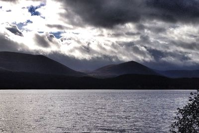 Scenic view of lake against cloudy sky