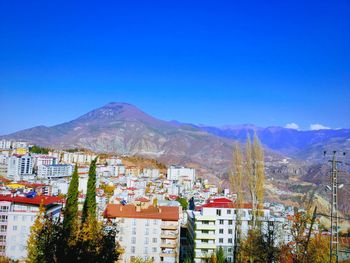 Buildings in city against clear blue sky