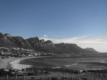 Scenic view of sea and mountains against sky