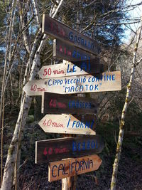 Close-up of road sign against bare trees