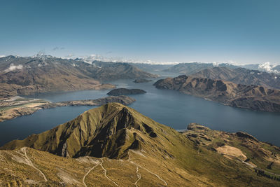 Scenic view of lake and mountains against clear sky