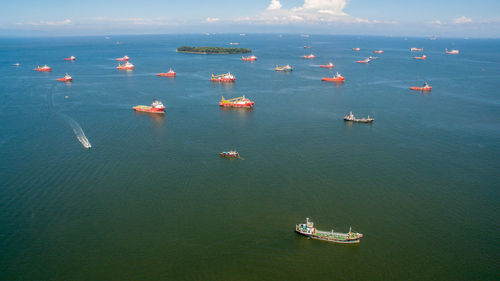 High angle view of sailboat in sea