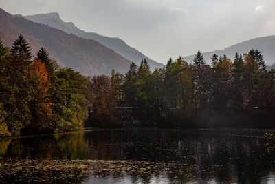 Scenic view of lake and mountains against sky