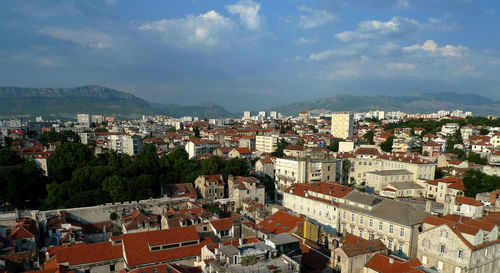 High angle shot of townscape against sky