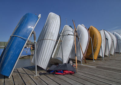 Rear view of boardwalk against clear blue sky