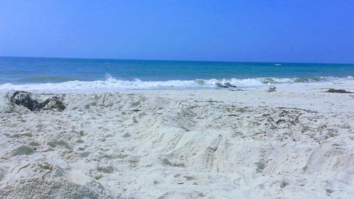 Scenic view of beach against clear blue sky
