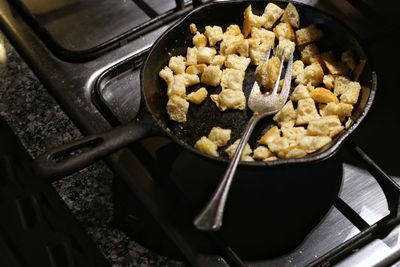 High angle view of food in skillet-cooking pan