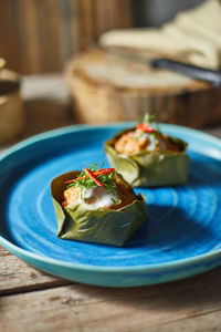 Close-up of food served on table