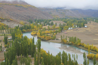 Scenic view of lake by mountains against sky