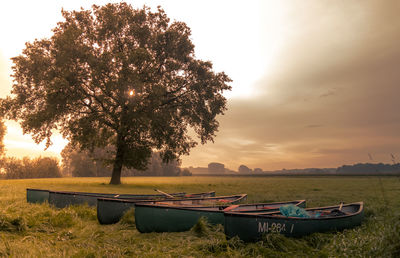 Boats moored on field against sky during sunset