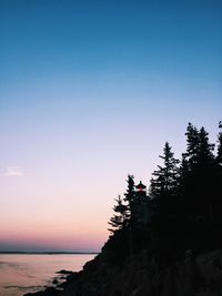 Silhouette trees by sea against sky at sunset