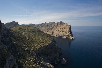 Rock formations by sea against sky