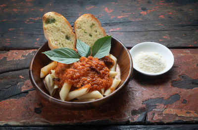 High angle view of food in plate on table