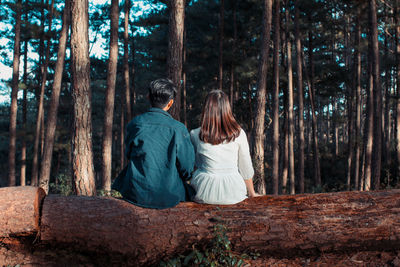 Rear view of couple sitting on tree trunk in forest