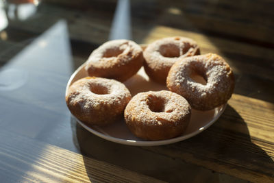 Close-up of donuts on table