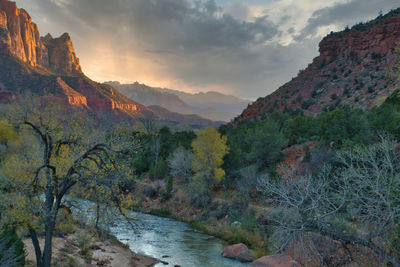 Scenic view of mountains against sky during sunset