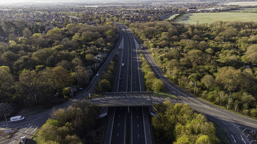 High angle view of bridge over road in city