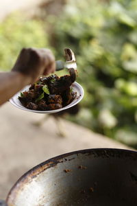 Cooking thai cuisine, serving spicy catfish with red curry paste from a hot wok. street food.