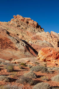 Low angle view of rock formation against clear blue sky