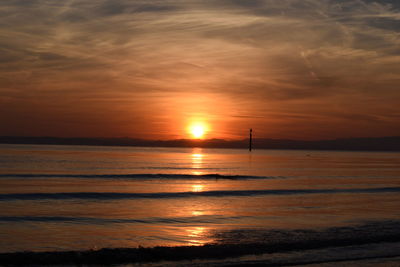 Scenic view of sea against romantic sky at sunset