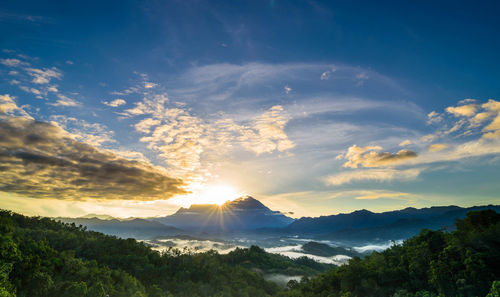 Scenic view of mountains against sky at sunset